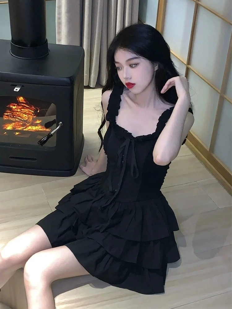여성용 프렌치 블랙 우아한 홀리데이 파티 붕대 케이크 주름 미니 원피스, 백리스 섹시 클럽 민소매 프릴 슬립 원피스, 여름