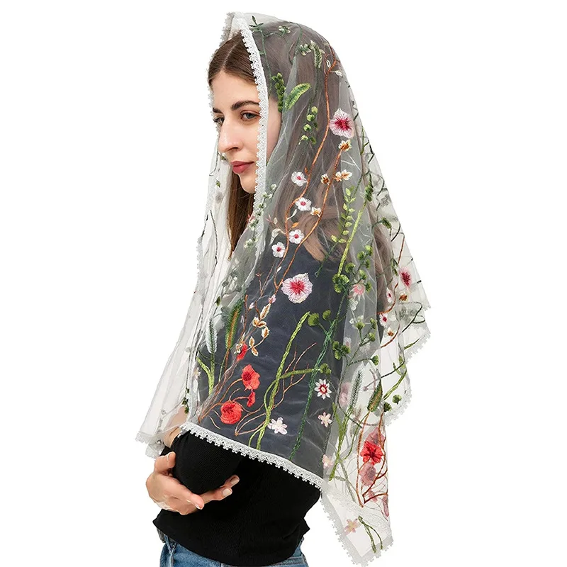 Rectangular Gauze Shawl Lace Decoration Ladies Scarf Cloak Embroidery Flower Veil