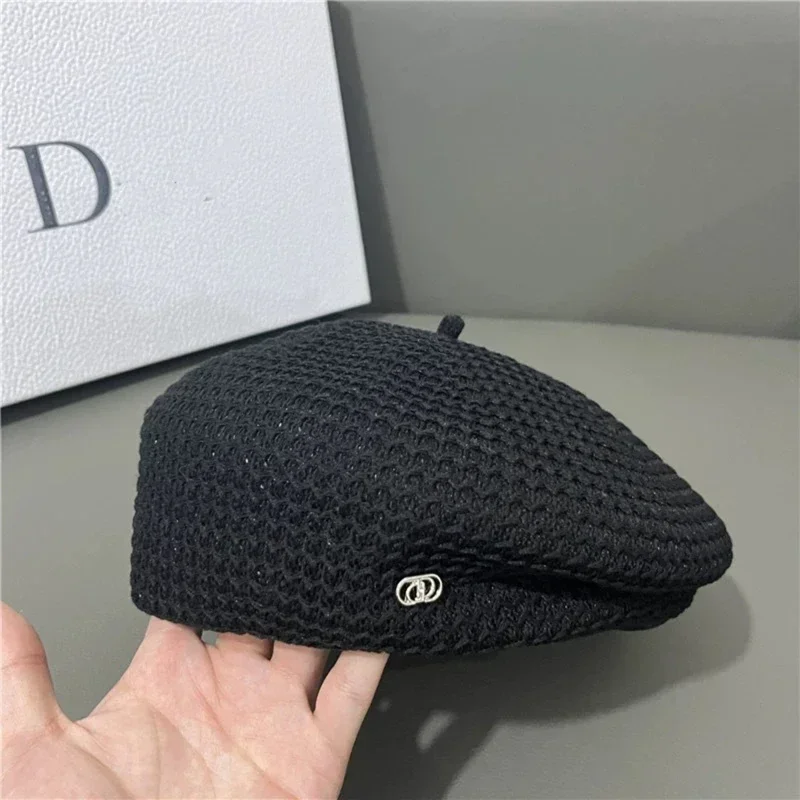 Hot Sale Pleated Straw Beret Summer Knit Breathable Big Artist Fashion Painter Hat Berets Caps for Women_voghion.com