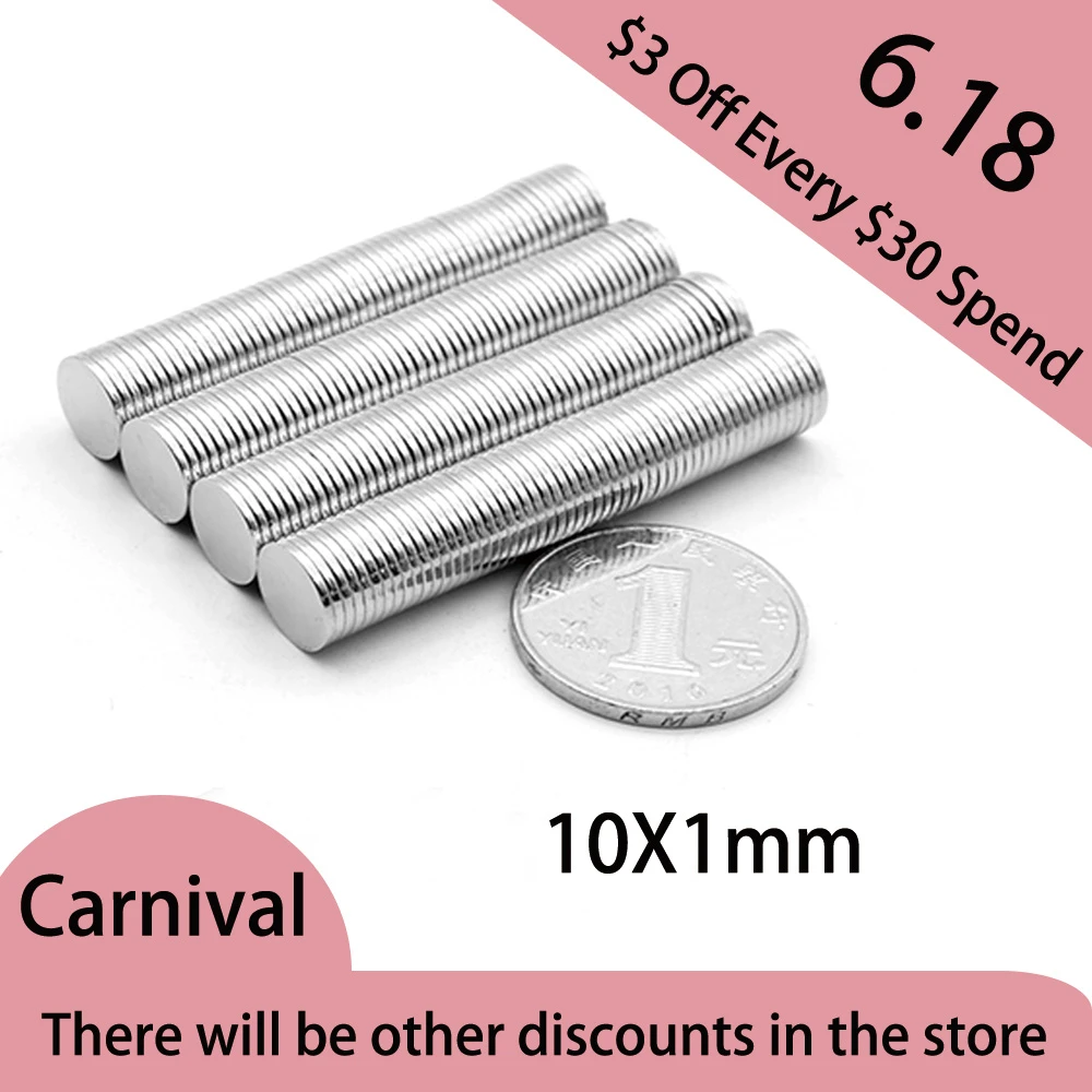 Tile Grout 50-500Pcs 10x1mm Thin Neodymium Strong Magnet 10mmx1mm Permanent Magnet 10*1mm Powerful Magnetic Round Magnet 10*1 Door Hinges