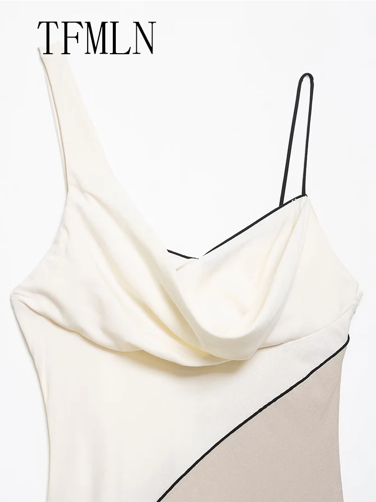 TFMLN Elegant Women Patchwork Slim Strap Dress 2025 Summer Pile Collar Sleeveless Beach Party Dress Sexy Asymmetrical Midi Dress