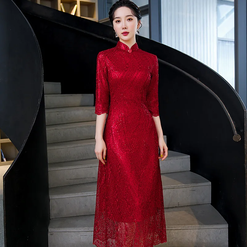 Yourqipao 2025 Autumn and Winter Chinese Wedding Toast Qipao Red Lace  Cheongsam New Year Skirt - AliExpress 200000532