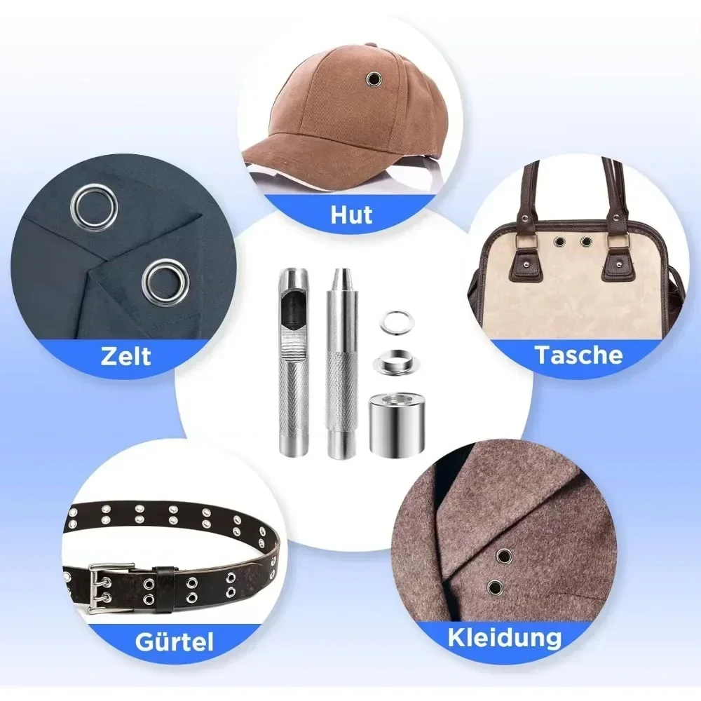 Grommet Tool Kit 100 Sets Grommets Eyelets 5mm 6mm 10mm 12mm Inside Diameter Silver for Clothes Shoes Bag Leather Crafts DIY