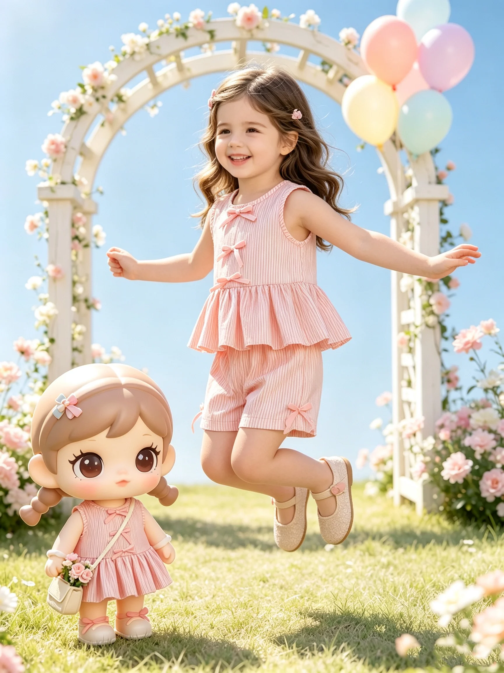 Modisches zweiteiliges Set für Mädchen: rosa-weiß gestreifter Rundhalspullover mit Schnürung, Schleife und Rüschenrand + rosa gestreifte Schmetterlings-Shorts.