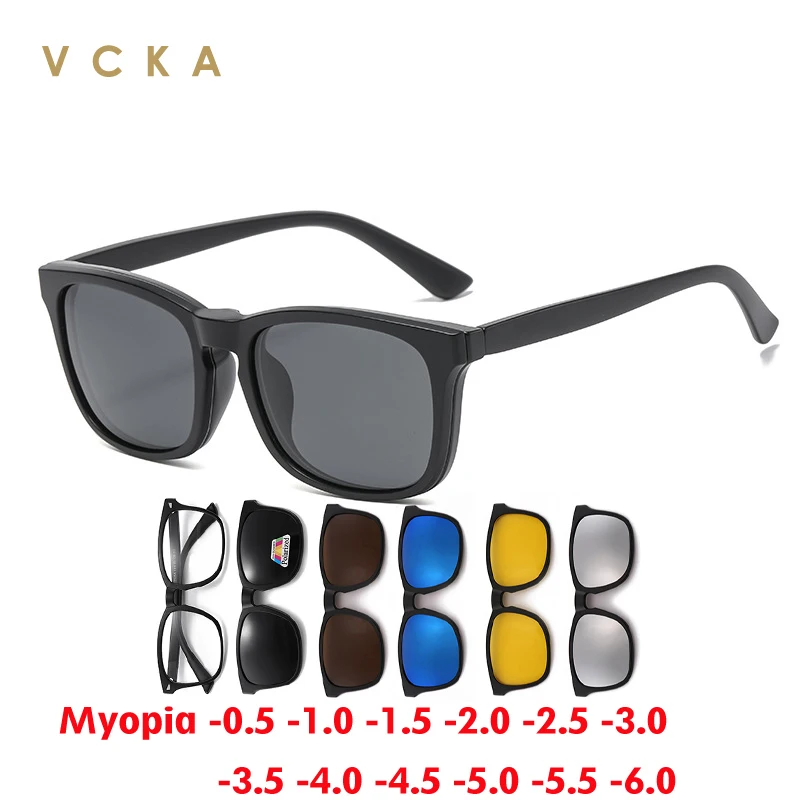 

VCKA 6 in 1 Polarized Myopia Sunglasses Square Eyeglasses Frame Men Women Magnet Clip Optical Lenses Prescription -0.5 to -10