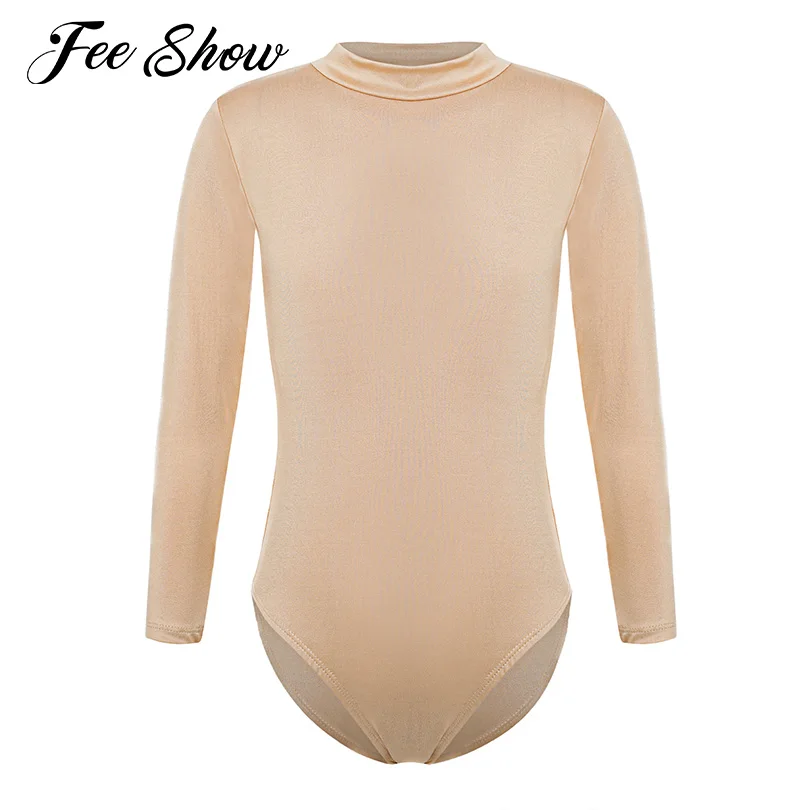 

Nude Kids Girls Gymnastics Ballet Dance Training Costume Mock /Round Neck Long Sleeve Leotard Solid Color Yoga Bodysuit Jumpsuit