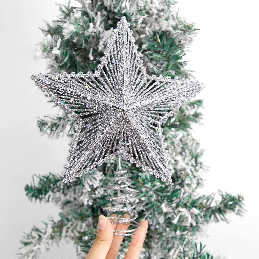 25cm Glitter Hollow Star Christmas Tree Topper – Gold, Silver, Red Tree Decoration for Xmas & New Year Parties