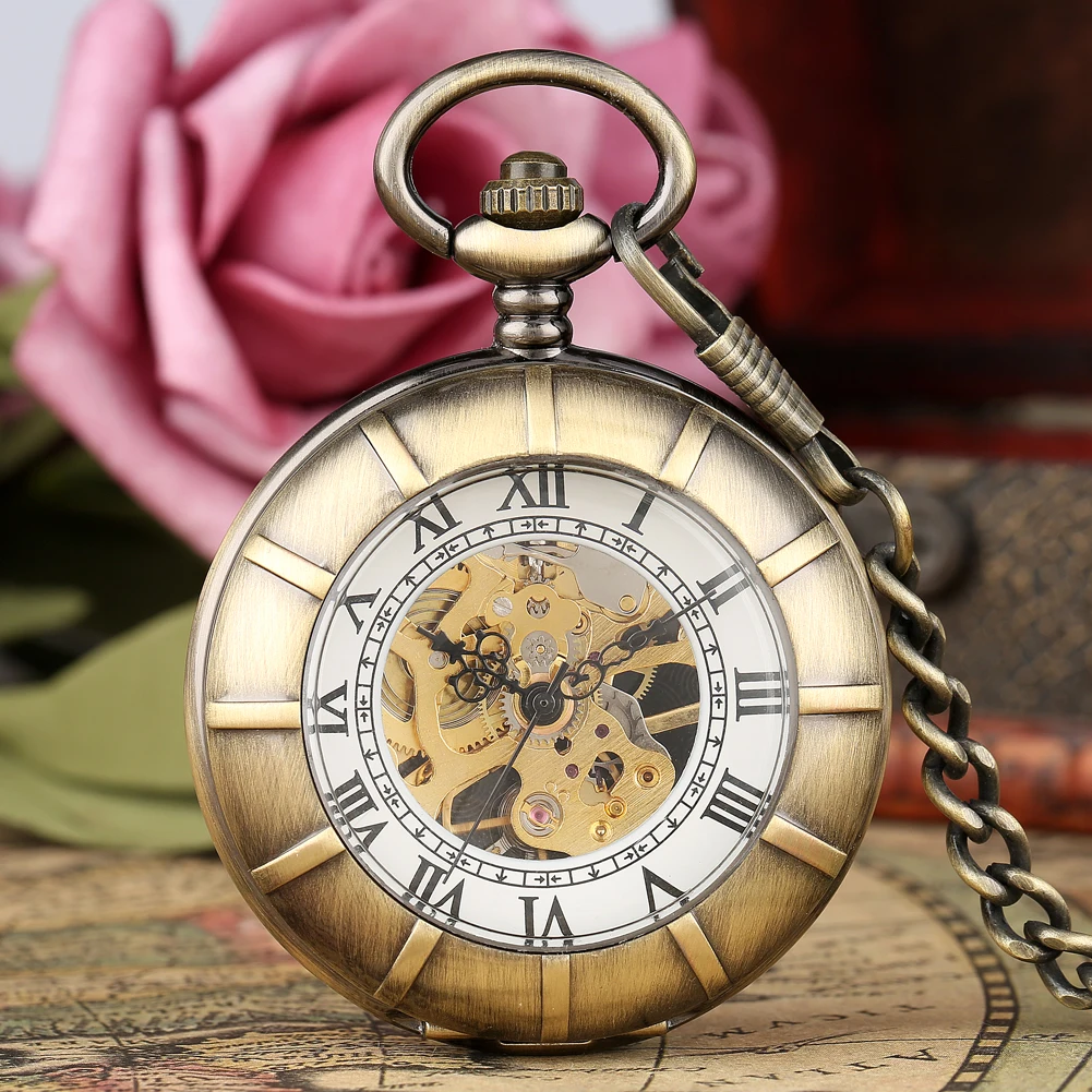 

Double Sides Cover Bronze Mechanical Pocket Watch Classic Black Pointer Roman Numerals Hand Winding Antique Timepiece Gift Male