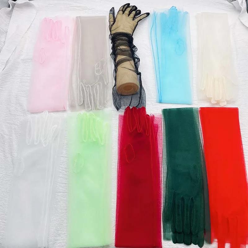 1 Pair Long Sheer Tulle Gloves Women Ultra Thin Stretchy Full Finger Mittens Mesh Wedding Bride Gloves Halloween Accessories