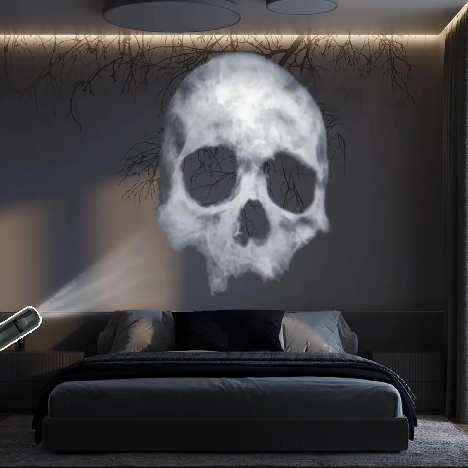 Halloween Skull Projector Lamp Magnetic 3 Modes Scary Handprint Grimace Skull Shaped LED Night Light USB Rotatable Projector