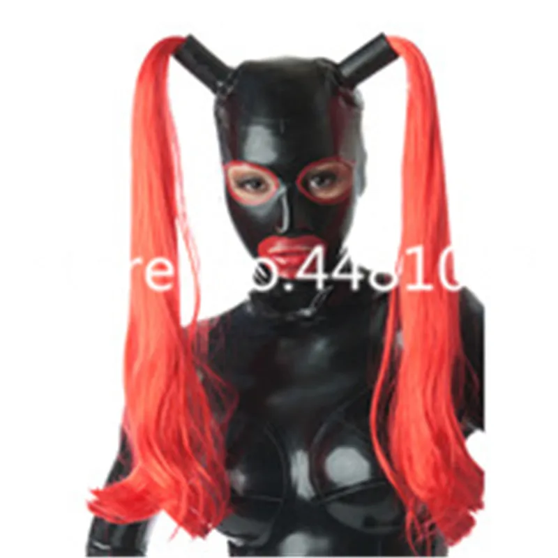 

Latex Cosplay Mask With Wig With Trims For Girls Women Fetish Latex Rubber Hoods Mask Customized XS-XXL