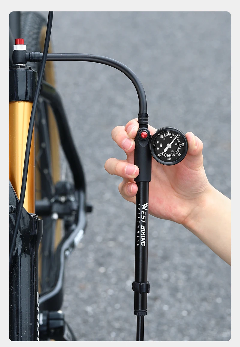 WEST BIKING 400PSI Fahrrad Luftpumpe Hochdruck MTB Fahrrad Schock Pumpe Mit Manometer Schrader Ventil für Vorderradgabel Hinterradaufhängung – Detail 16