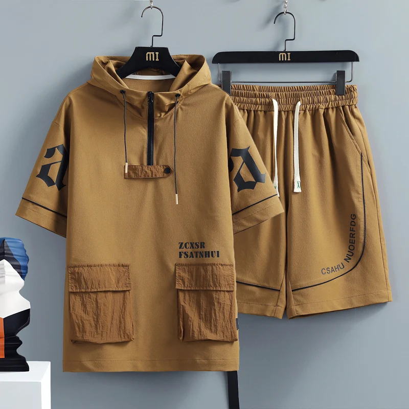 2 Pcs/Set Men Tracksuit Short Sleeve Hoodies+Pants Hooded Elastic Waist Summer Hip Hop Sweatshirt Sweatpants Loose Set 4