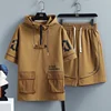 2 Pcs/Set Men Tracksuit Short Sleeve Hoodies+Pants Hooded Elastic Waist Summer Hip Hop Sweatshirt Sweatpants Loose Set 4