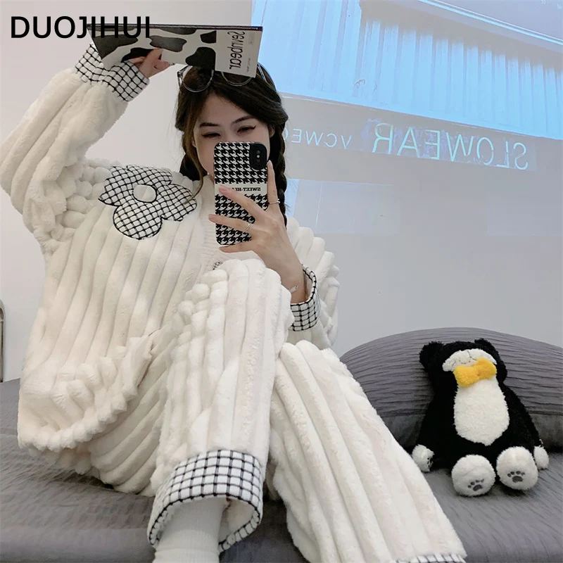 DUOJIHUI Sweet Floral Print Basic Soft Female Sleepwear Sets Winter Button Cardigan Loose Casual Pant Fashion Pajamas for Women
