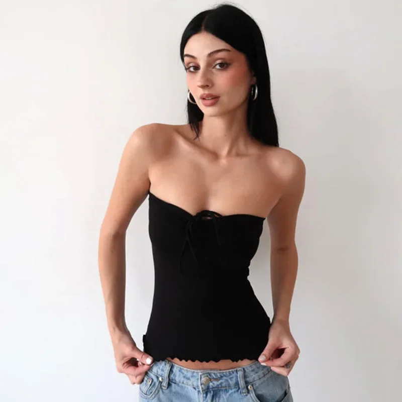 Top de una pieza informal corto con dobladillo enrollado para mujer, moda de verano, top bandeau de color liso, top sexy con cuello de encaje y sin mangas.