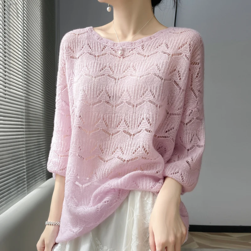 

100%Goat Cashmere Sweater Women's Clothing Knitted O-Neck Pullover Loose and Stylish Korean Lightweight and Warm 3/4 Sleeve Top