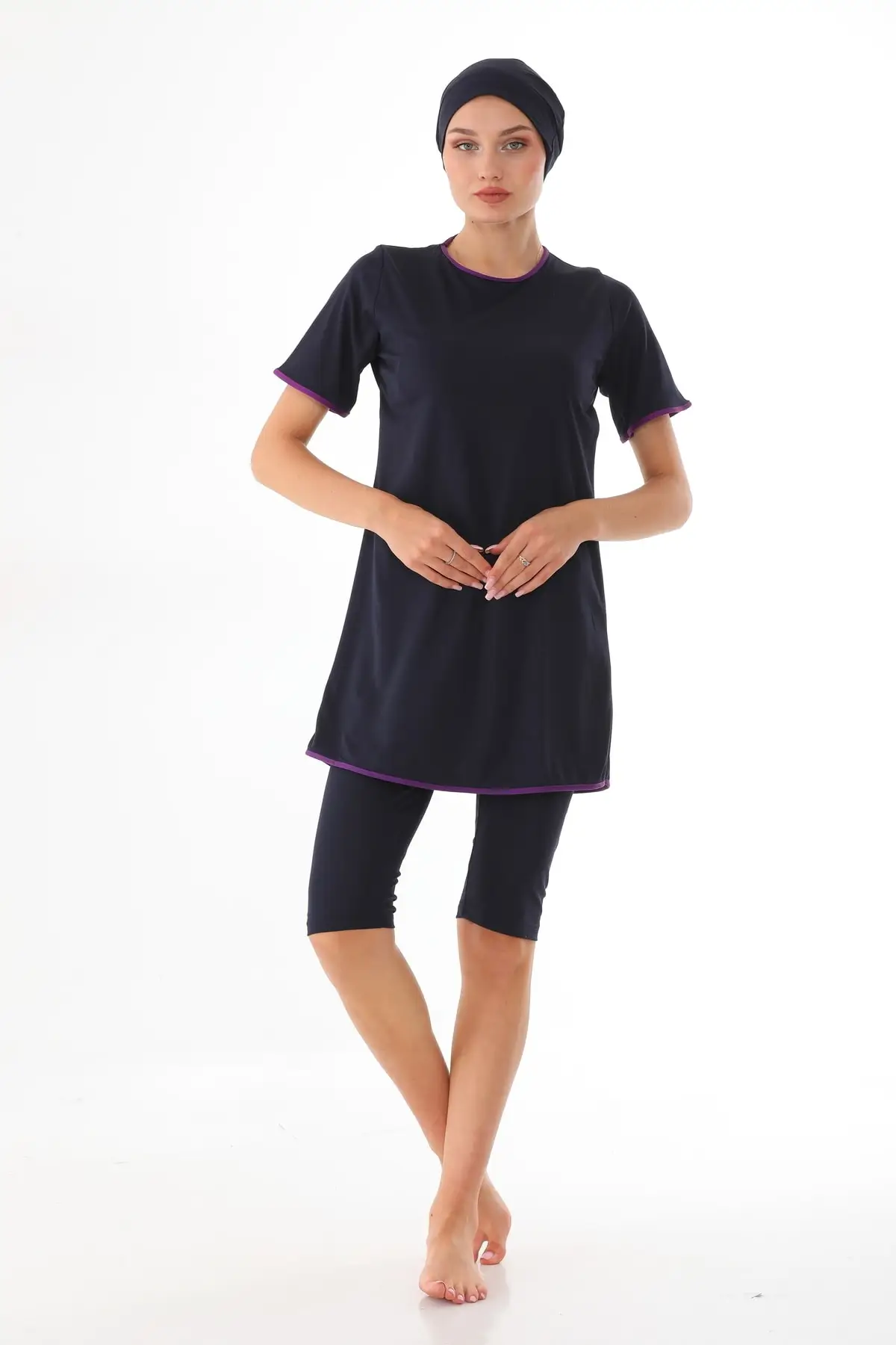 

Purple Semi-Off Lycra Fabric Navy Blue Swimwear Solid Color Hashema Hijab Beach Clothing