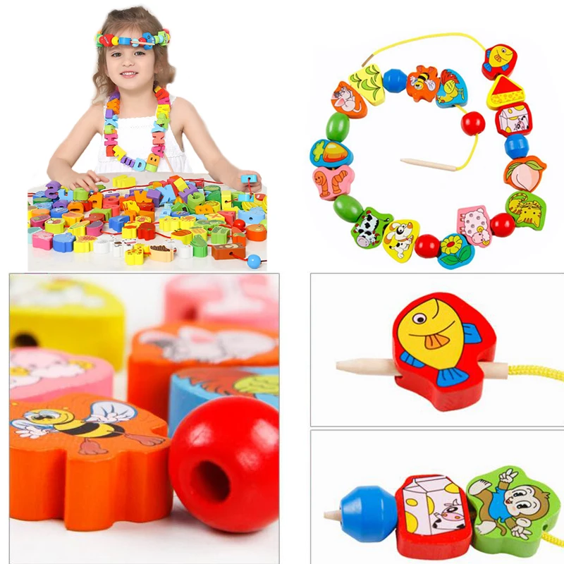 Educational Wooden Toys For Kids DIY Cartoon Fruit Animal Stringing