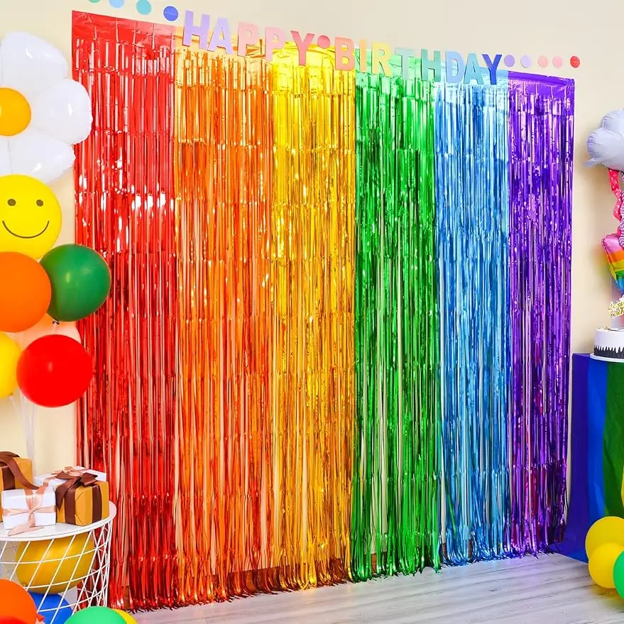 Rainbow Foil Fringe Curtains - Tinsel Metallic Streamers for Vibrant Party Decorations, Set of 2