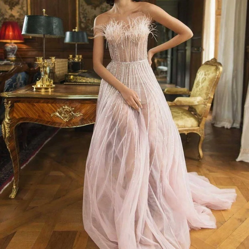 

FLORINE TULIRAIN Organza Summer A-Line Floor-Length Evening Dress Elegant Sequined Feathers Pink Strapless Prom Gown For Women