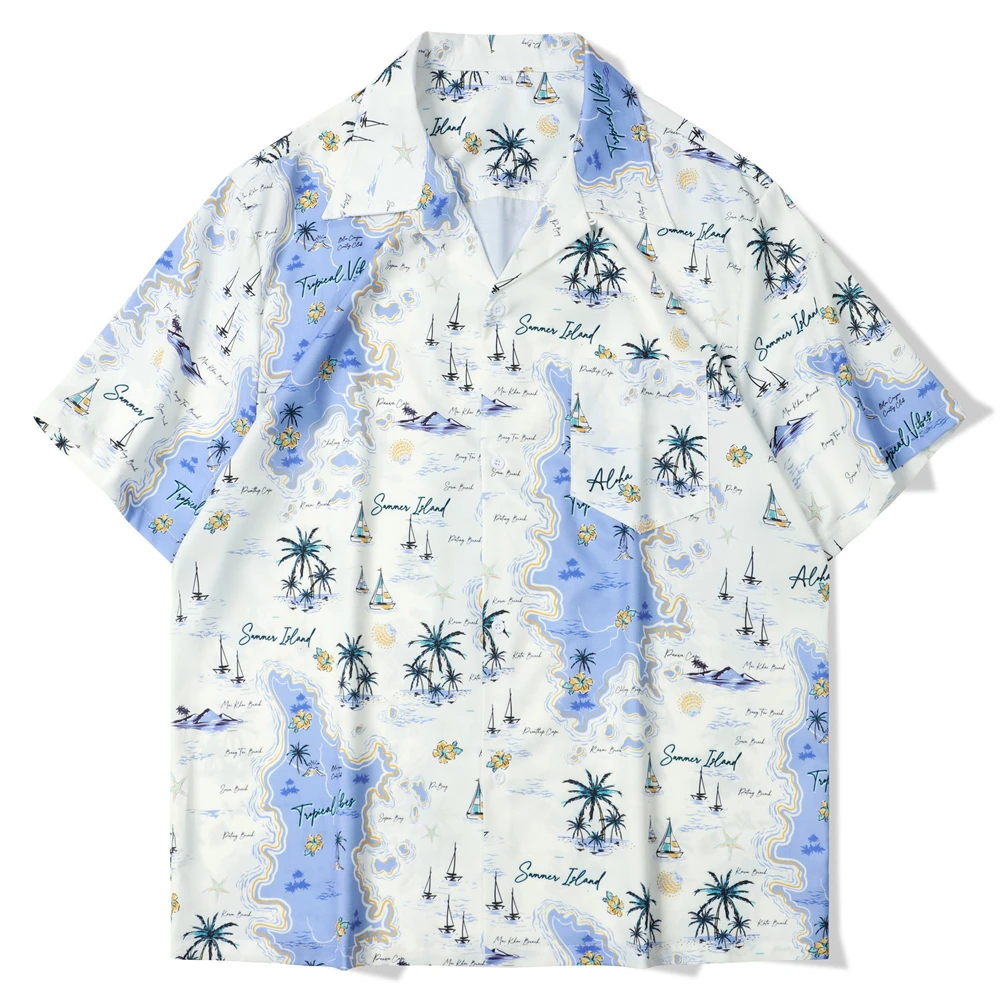 

Men's Vintage White Print Shirts Summer Casual Streetwear Short Sleeve Mens Hawaiian Button Shirt
