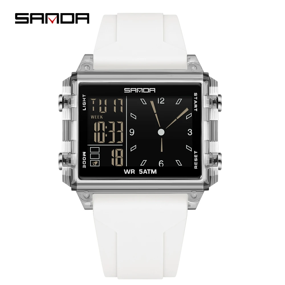SANDA Luxury Digital Square Dial Sport Waterproof Watch with LED Display