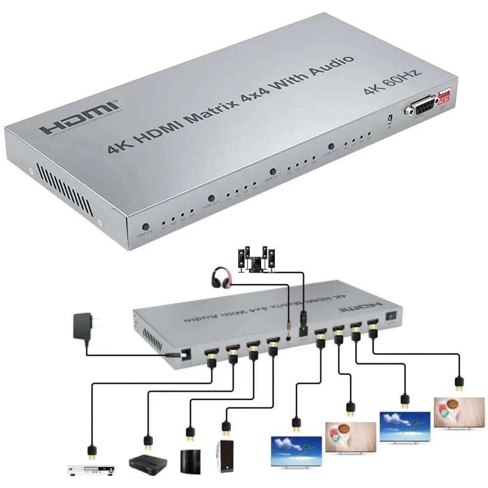 HDMI 2.0 4x4 Matrix Swticher Splitter 4K 60Hz 4 in 4 Out Video Distributor with Audio IR Remote RS232 HDCP 2.2 DIP hdmi splitter