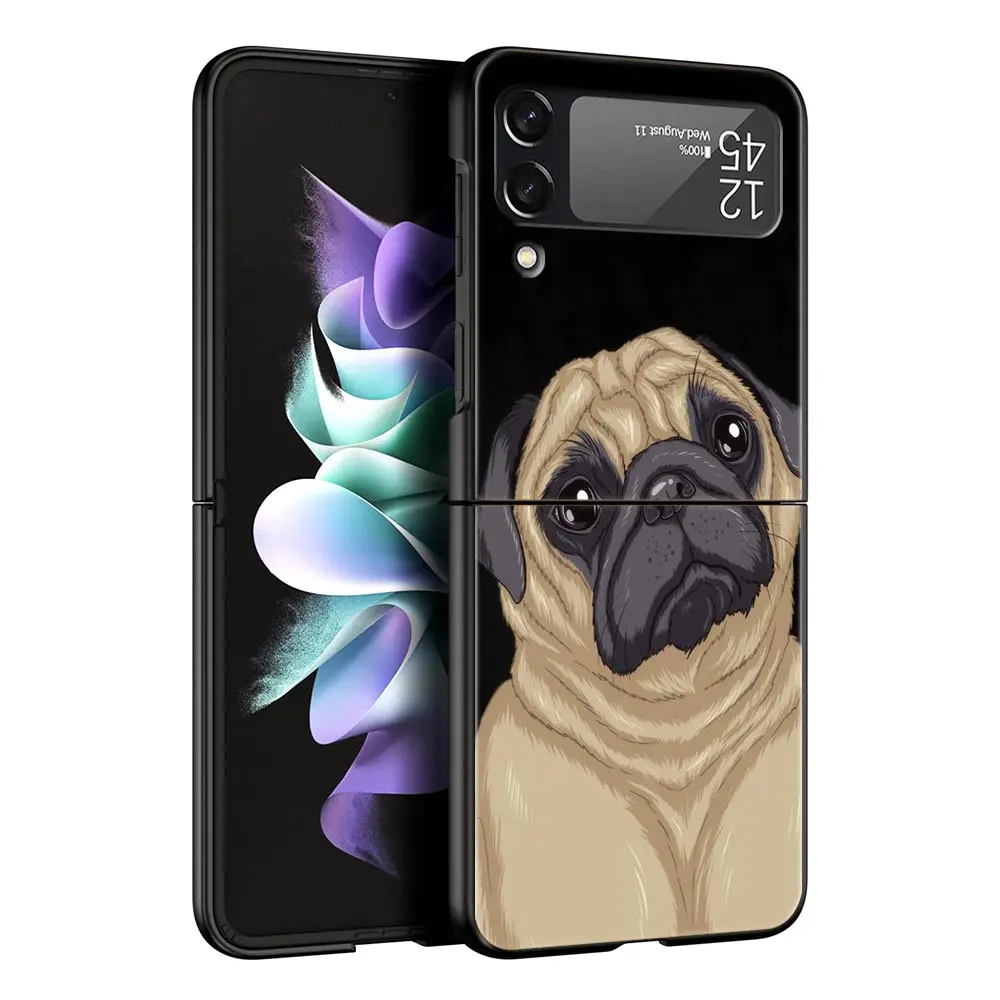 Folding Black Shell Phone Case with Cute Pug Design - PC Hard Cover