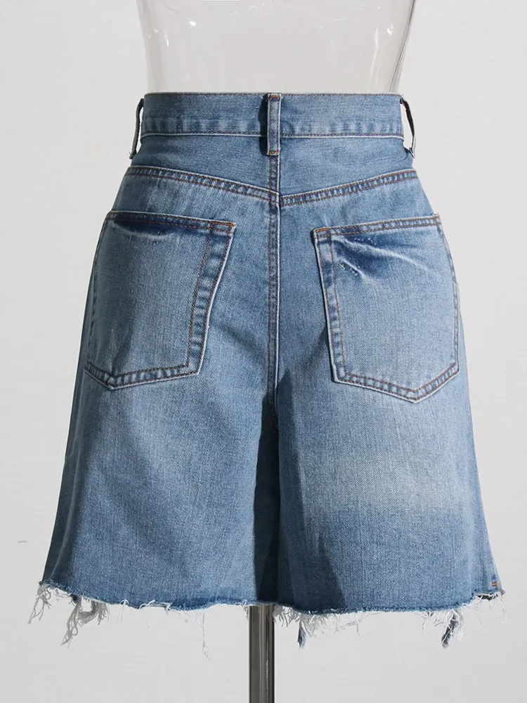 KBQ Spliced Lace Up Denim Shorts For Women High Waist Patchwork Raw Hem Colorblock Streetwear Loose Short Pants Female Fashion