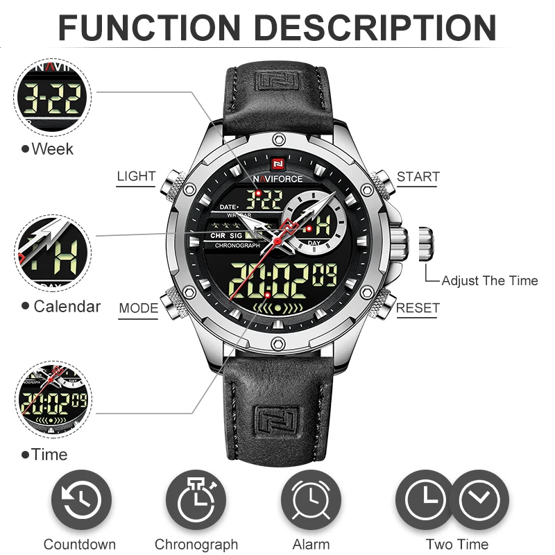 NAVIFORCE Military Watches for Men Fashion Sport Chronograph Alarm Wristwatch Waterproof Quartz Big Clock Digital Male Watch images - 6