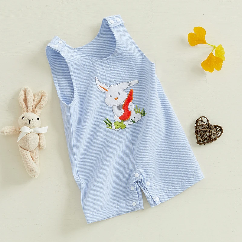 Infant Baby Girls Boys Easter Rompers Striped Bunny Truck Carrot Embroidery Crew Neck Sleeveless SpringJumpsuit Bunny Overalls 2