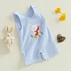 Infant Baby Girls Boys Easter Rompers Striped Bunny Truck Carrot Embroidery Crew Neck Sleeveless SpringJumpsuit Bunny Overalls 2