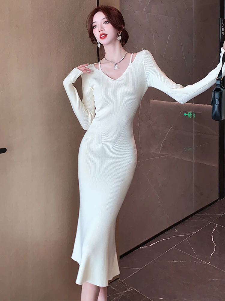 

V Neck Dress Women Autumn Winter Elegant Slim Fashion Casual Wrap Buttocks High Quality Sweater Fish Tail Dresses B146