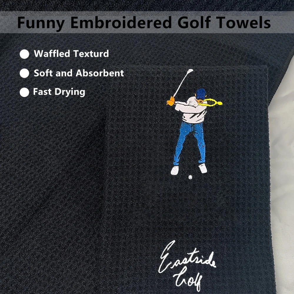 Description Picture 4 of item1pc, Embroidered Golf Towel, Microfiber, Polyester & Nylon, Hand Wash Only, Black, Waffle Texture, Soft Material, with Carabiner