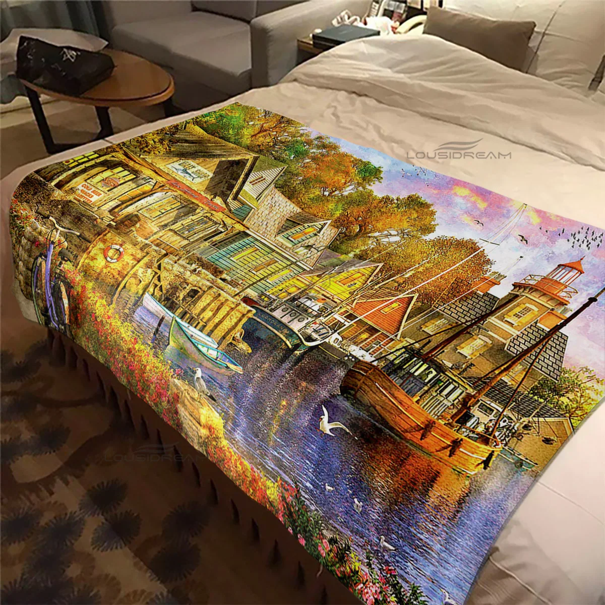 

Riverside Boat Blanket Coastal Townscape Patterns Flannel Blanket Cosy Lazy Couch Cover Blanket Super Soft Sheet Mattresses
