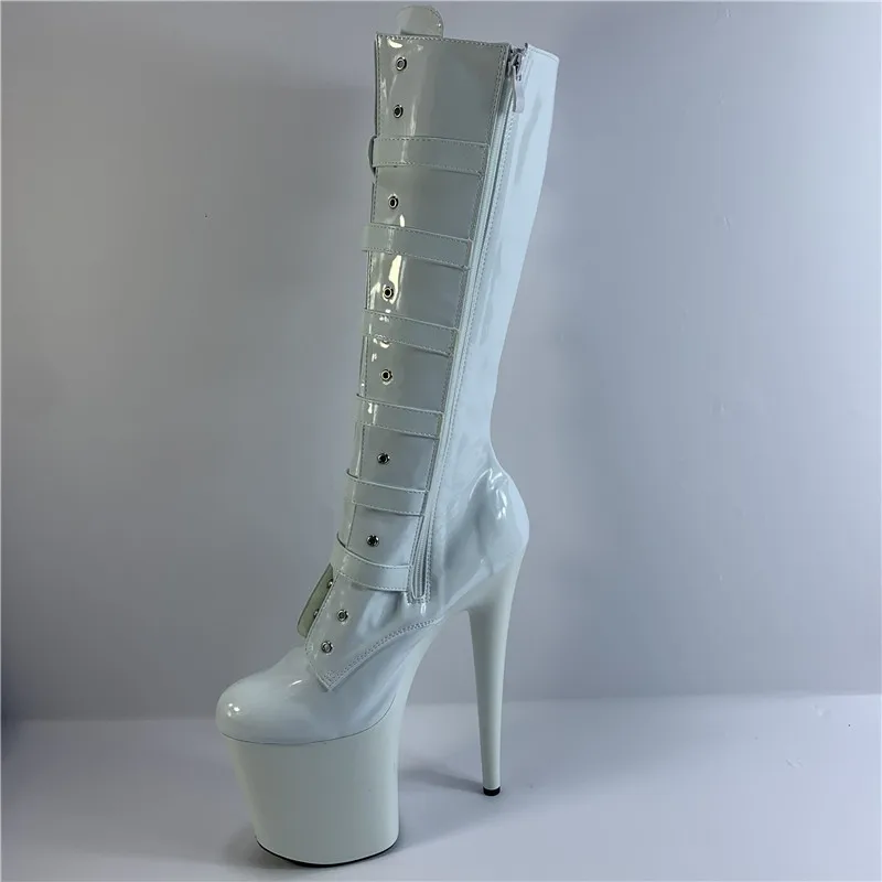 20 cm high heel boots, sexy buckle, black paint platform boots, club fashion women high dance shoes