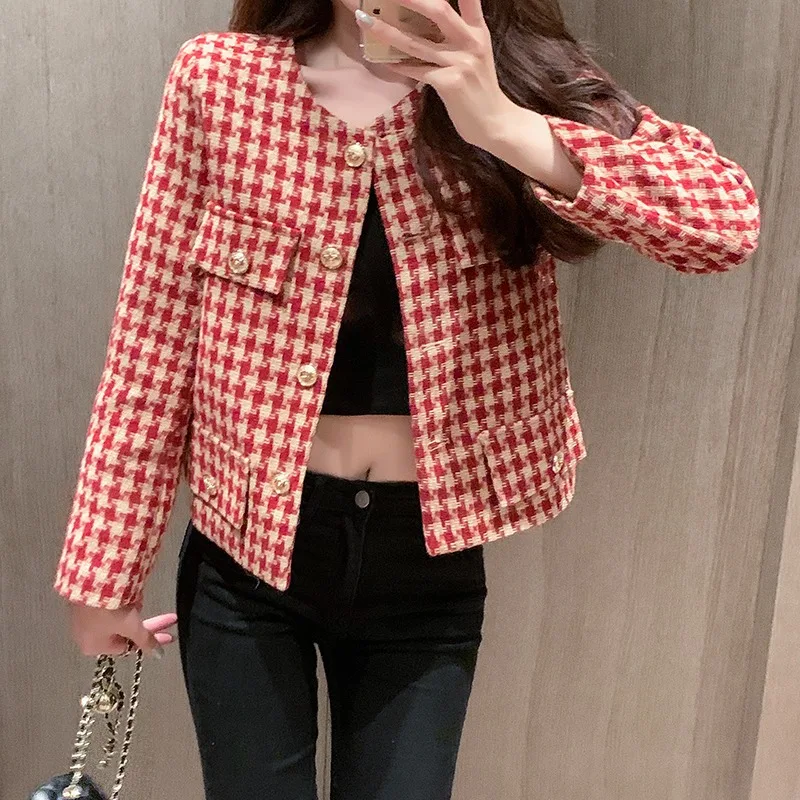 

Sandro Rivers Houndstooth Red Suit Jacket Women's Autumn High Sense Short Temperamental Plaid Coat Work Clothing