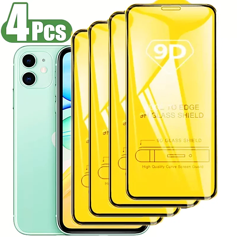 9D 4Pcs Tempered Glass For iPhone 13 12 11 14 15 Pro Max Screen Protector For iPhone X XR XS Max 7 8 6S Plus Full Cover Glass interesting fruit shape black soft rubber phone cover tempered glass for iphone 11 pro xr xs max 8 x 7 6s 6 plus se 2020 case