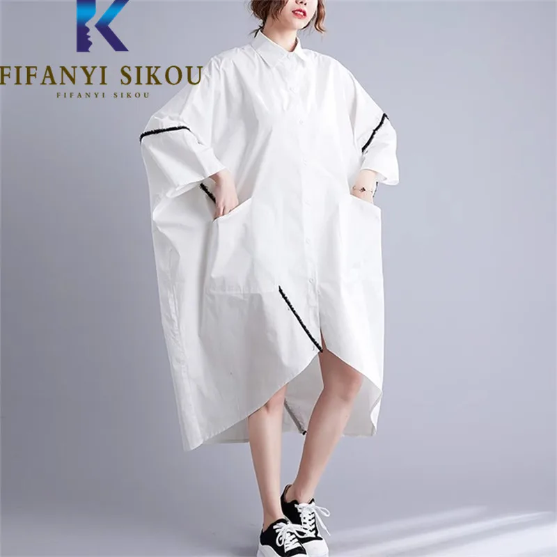 

White Shirt Dress Women Pocket Half Sleeve Fashion Asymmetrical Mid Long Dress Female Oversize Loose Casual Summer Dress