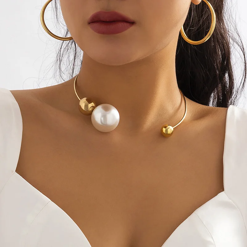 Metal Choker Necklace DIEZI Fashion Imitation Pearl Torques Gold Silver Color For Women