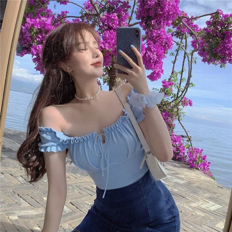 

Summer 2023 New Sexy Style Bubble Sleeve with High Waist Thin Knit Silk Short Camisetas Tops Women T-shirts Clothing