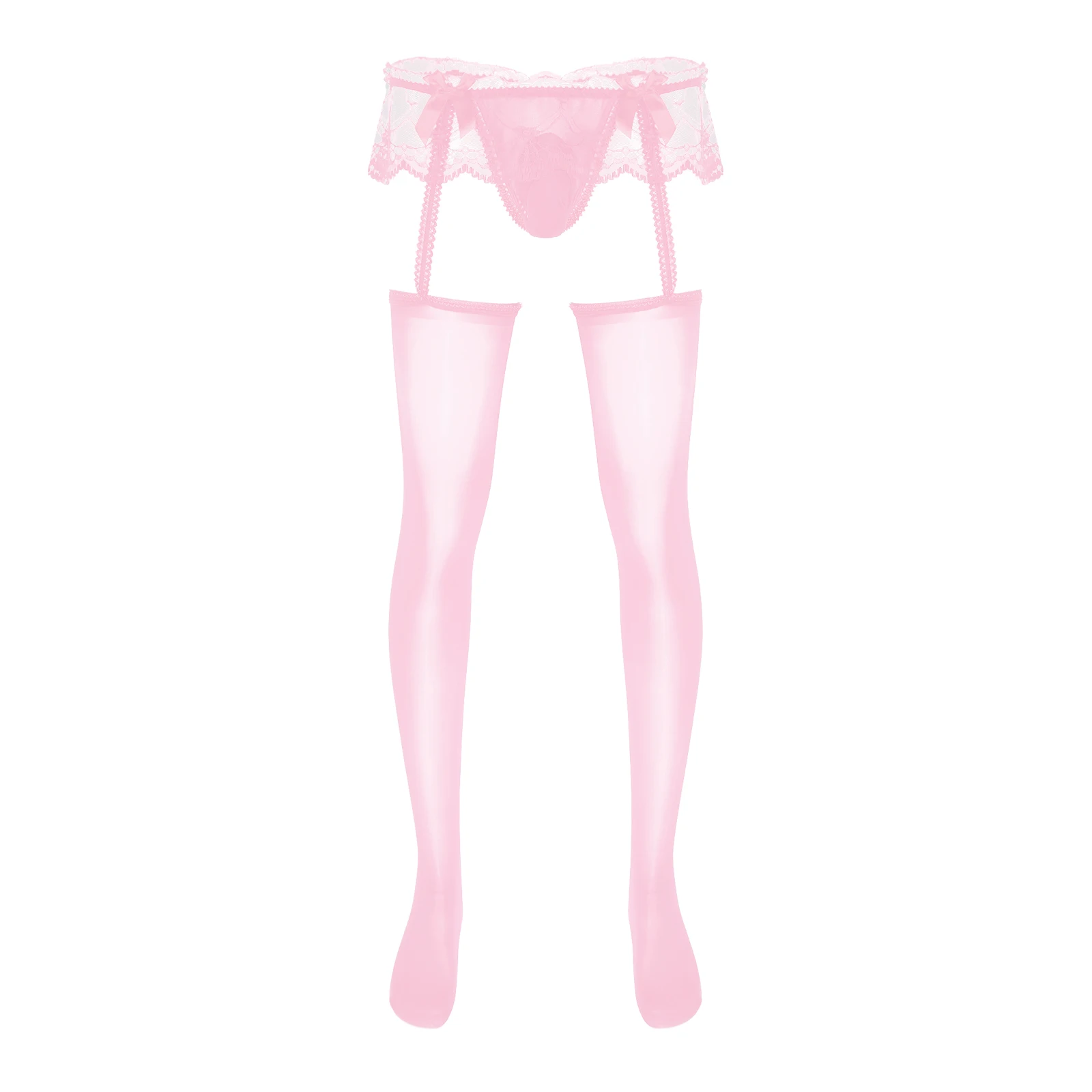 

Men Sissy Sheer Lace Skirted Pantyhose Bulge Pouch G-String Glossy Garters Stockings Gay Leggings Sexy Cutout Lingerie Nightwear