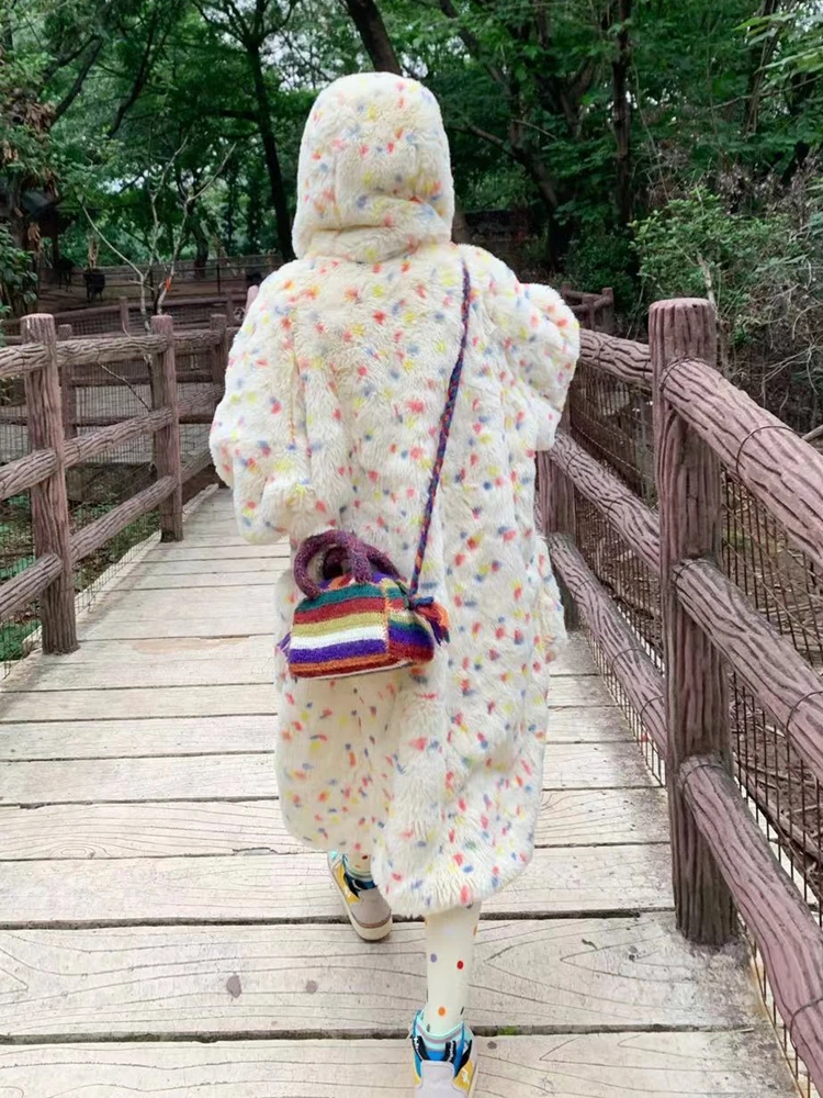 Horn Button Hooded Long Furry Coat Women's Environmental Protection Rabbit Fur Winter Thicken Thermal Long Sleeve Faux Fur Coat