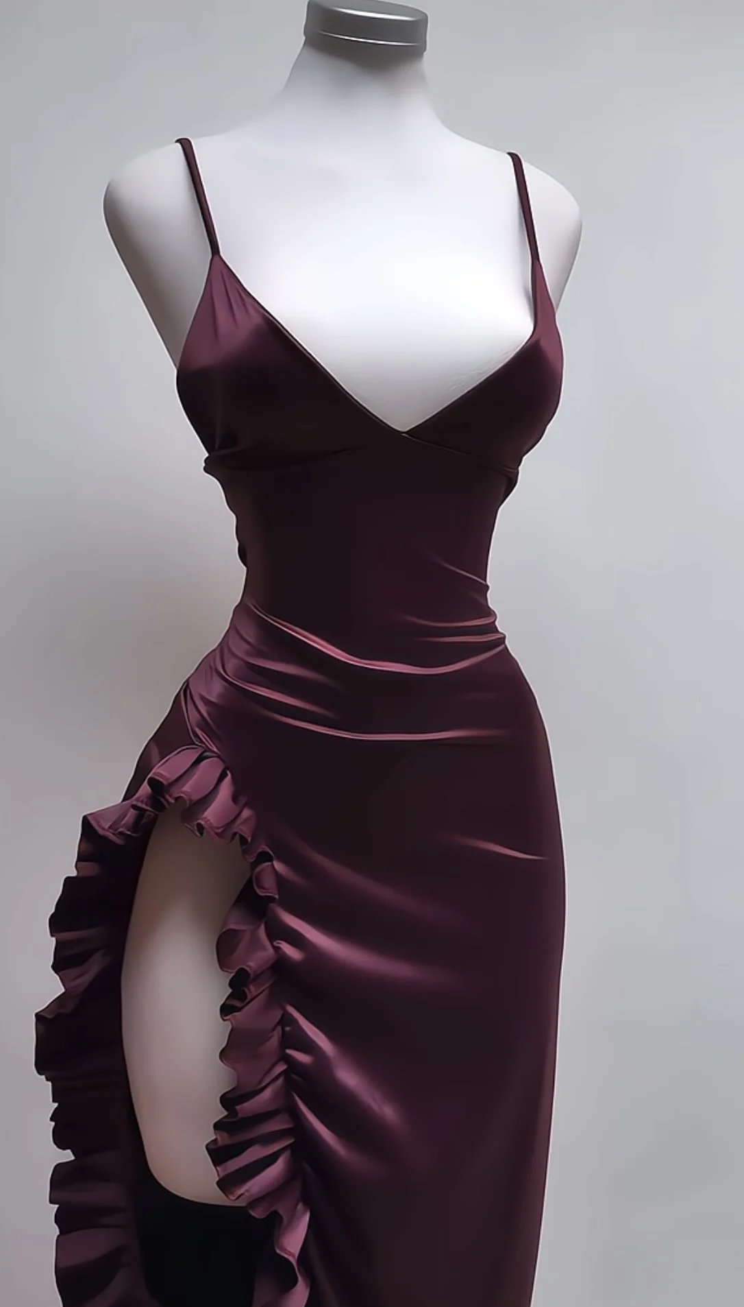 فستان ساتان خمري بفتحة جانبية أنيقة