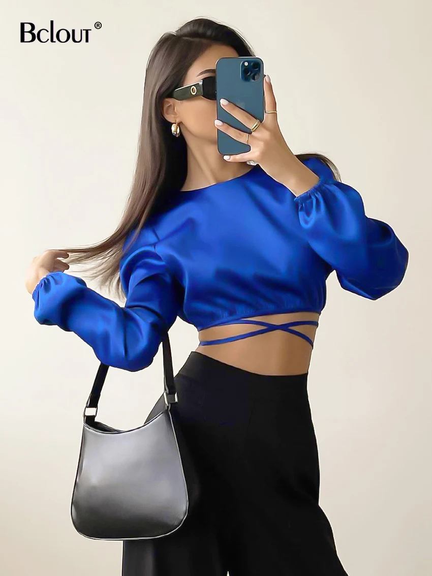 

Bclout Elegant Blue Lace-Up Satin Crop Tops Women Lantern Sleeve Backless Sexy Blouses Fashion O-neck Black Party Shirts Female