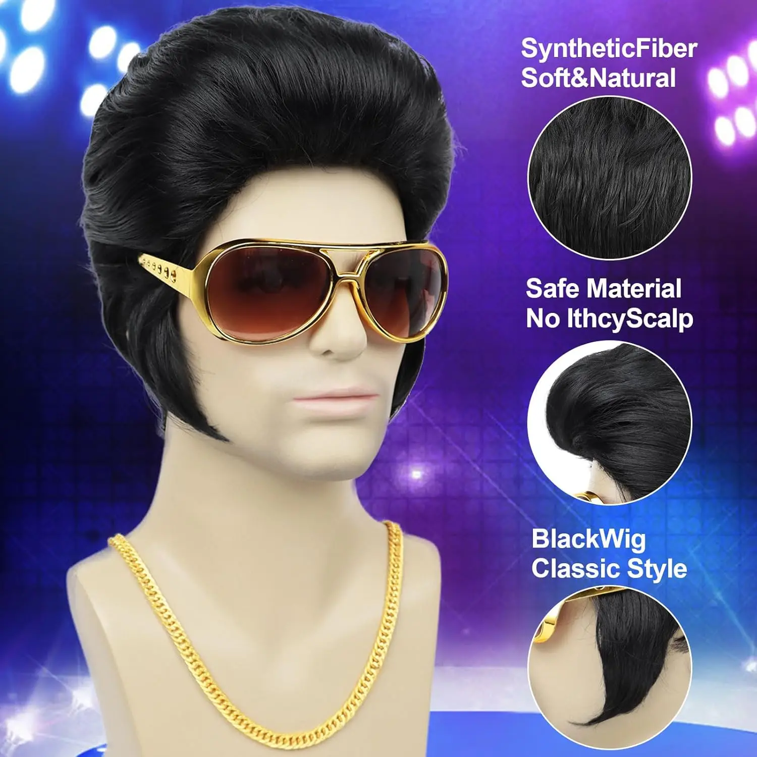 Mens Wigs 50s 60s Rock Wig Set For Men - Black Rocker Costume With  Sunglasses \u0026 Necklace For Halloween \u0026 Parties Rock Wig For Men, image size:1500x1500