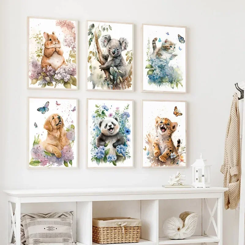 Elephant Panda Tiger Koala Cat Cartoon Animal Watercolor Posters Nursery Canvas Painting Wall Art Print Pictures Baby Room Decor 2