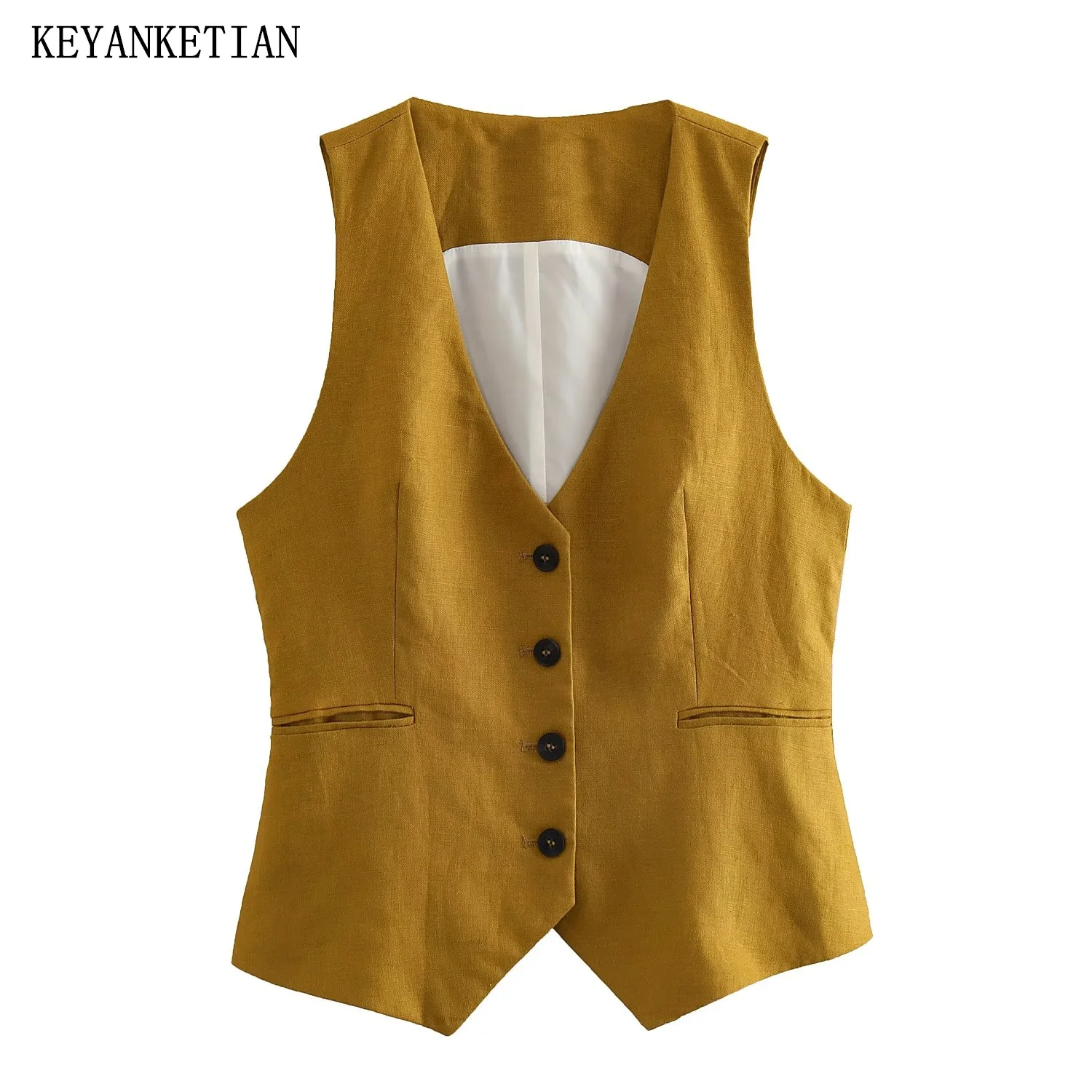 

KEYANKETIAN Spring Autumn Linen Texture Single Row Buckle Brown V-Neck Vest Ladies Retro Style Slim-Fit Version Crop Vest Tops