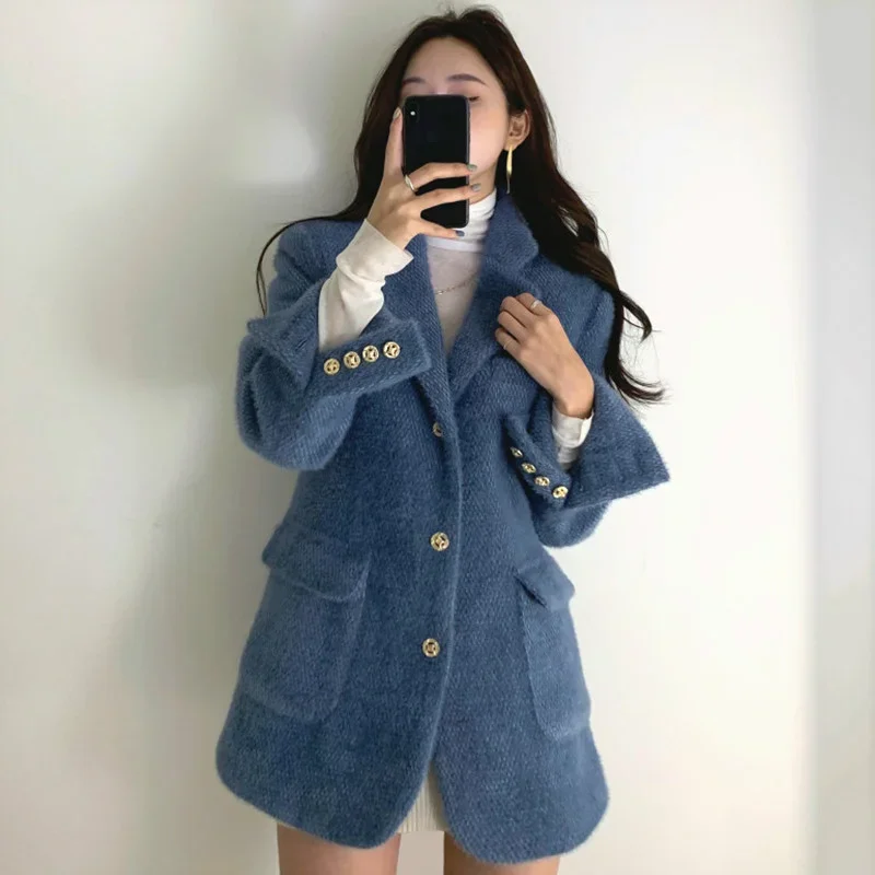 2022 New Double Pockets Warm Coats Women Korean Chic Notched Collar Straight Jackets Autumn Winter Vintage Single Breasted Tops loose women blazers 2020 autumn pockets full sleeve single breasted notched woman coats korean style tops outerwear c08508k